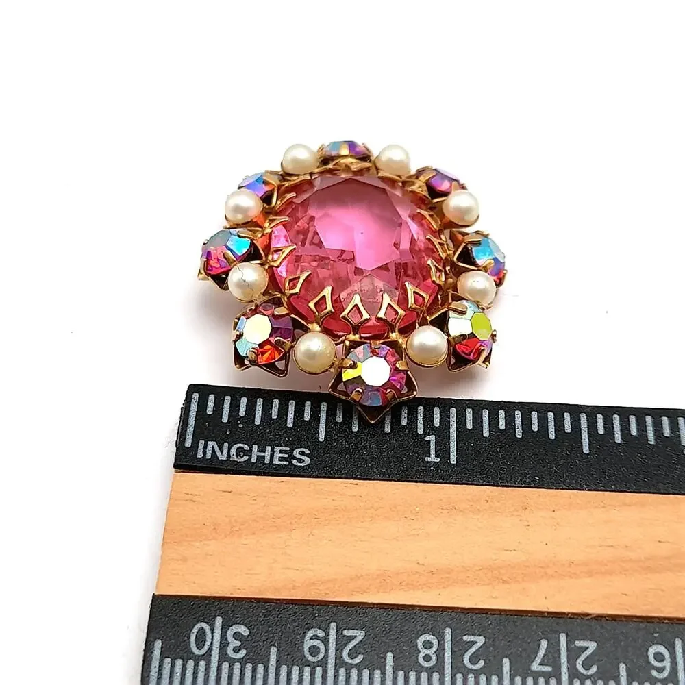 Vintage Signed JEWEL Pink Glass Brooch, Aurora Borealis Rhinestones, Faux Pearls